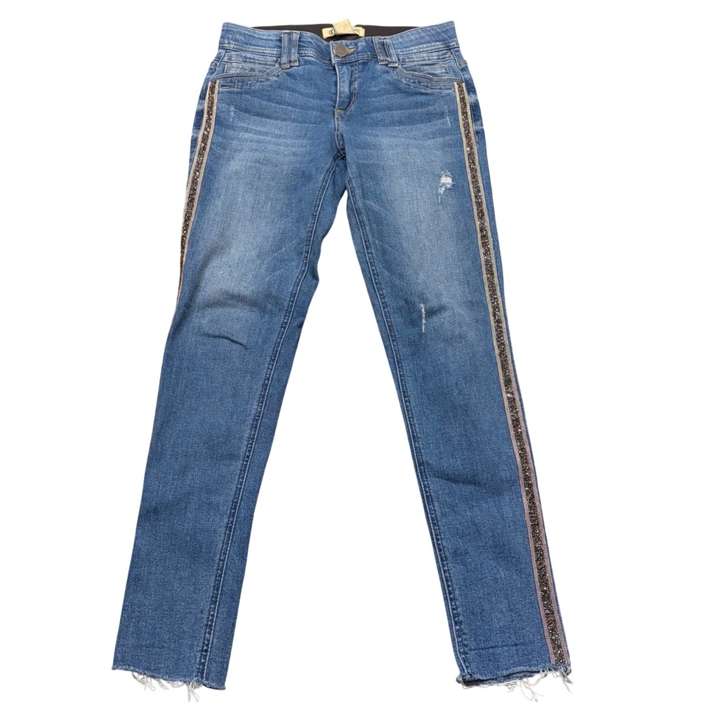 Democracy Ab Technology Skinny Jeans Blue Beaded‎ Side Stripe Raw Hem Womens 2